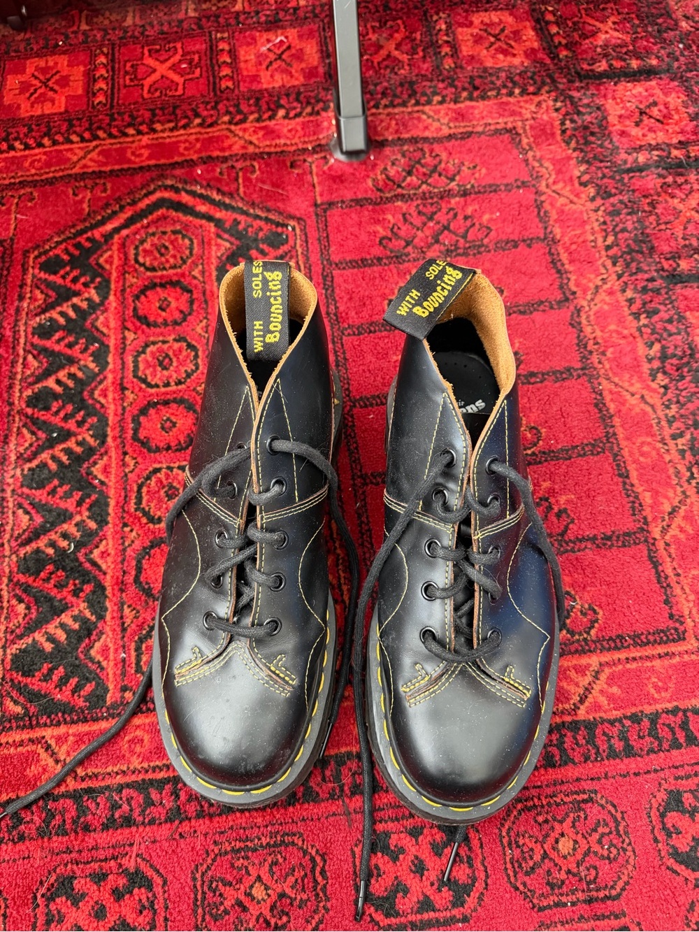 Dr. Martens Black Leather Lace-Up Monkey Boots with Yellow Stitching